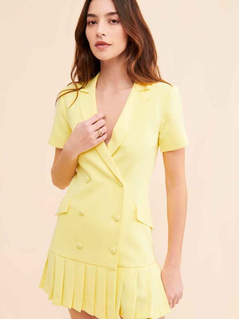 Amanda Uprichard Double-Breasted Yellow Pleated Hem Dress size Small - Picture 2 of 7